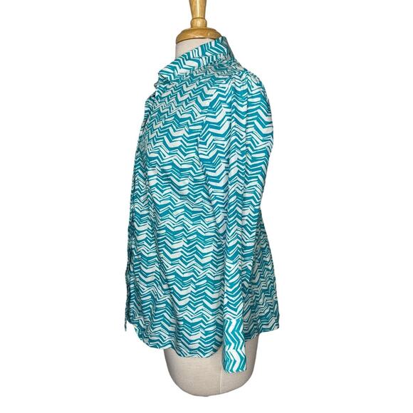 CHICOS Turquoise Chevron Stripe No Iron Cotton Button Up Shirt Size Medium (1) - Picture 2 of 9